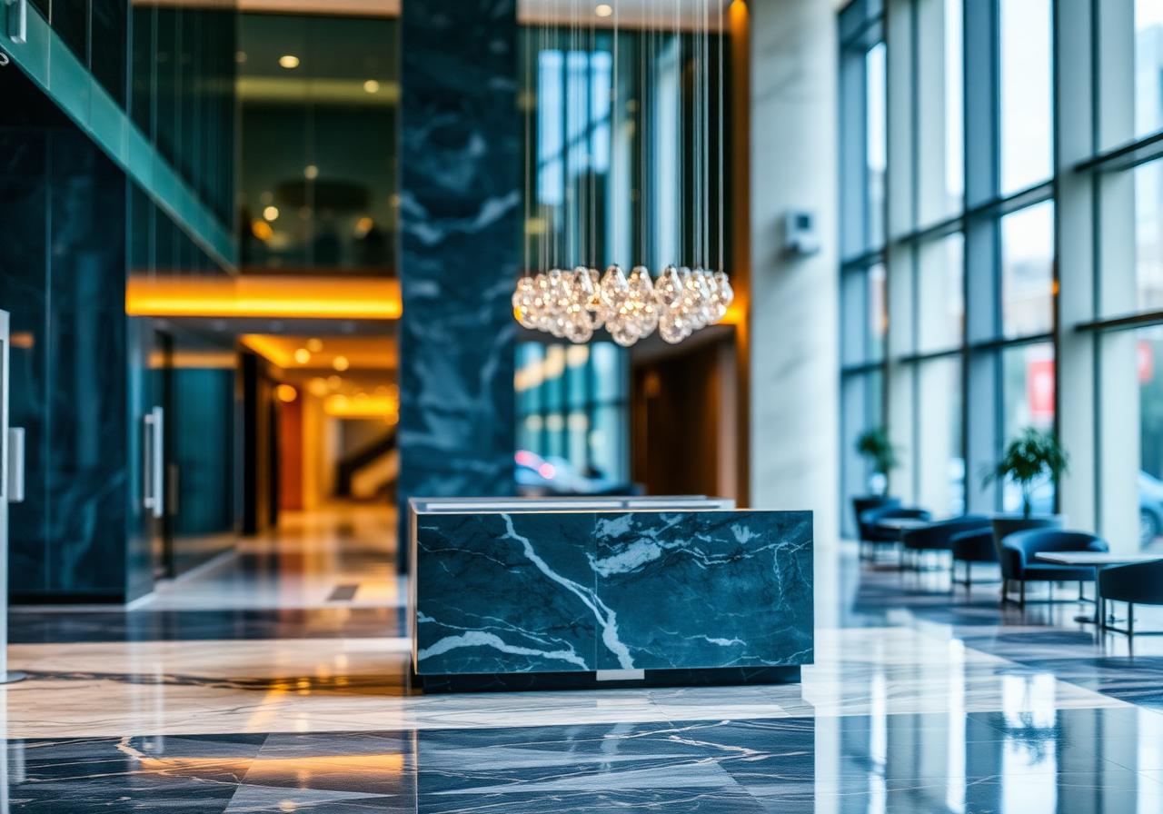 Lobi hotel dengan lampu kristal